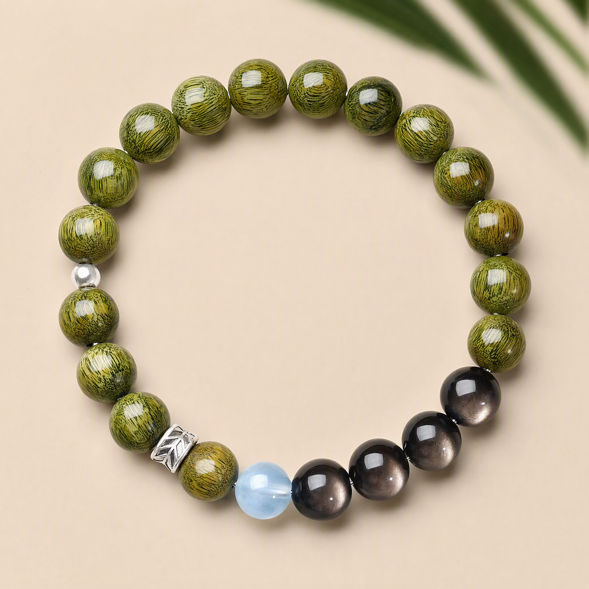 Green Sandalwood & Obsidian Bracelet with Aquamarine – Unisex Gift