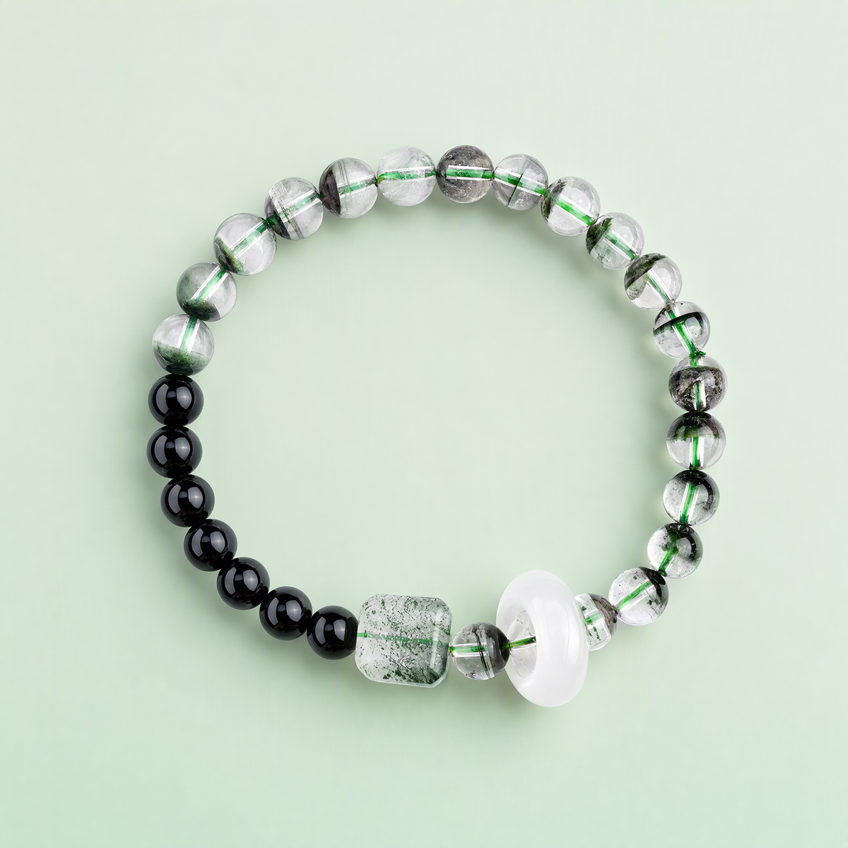 Product Title Green Phantom Quartz & Black Obsidian Bracelet – Natural Gemstone Jewelry