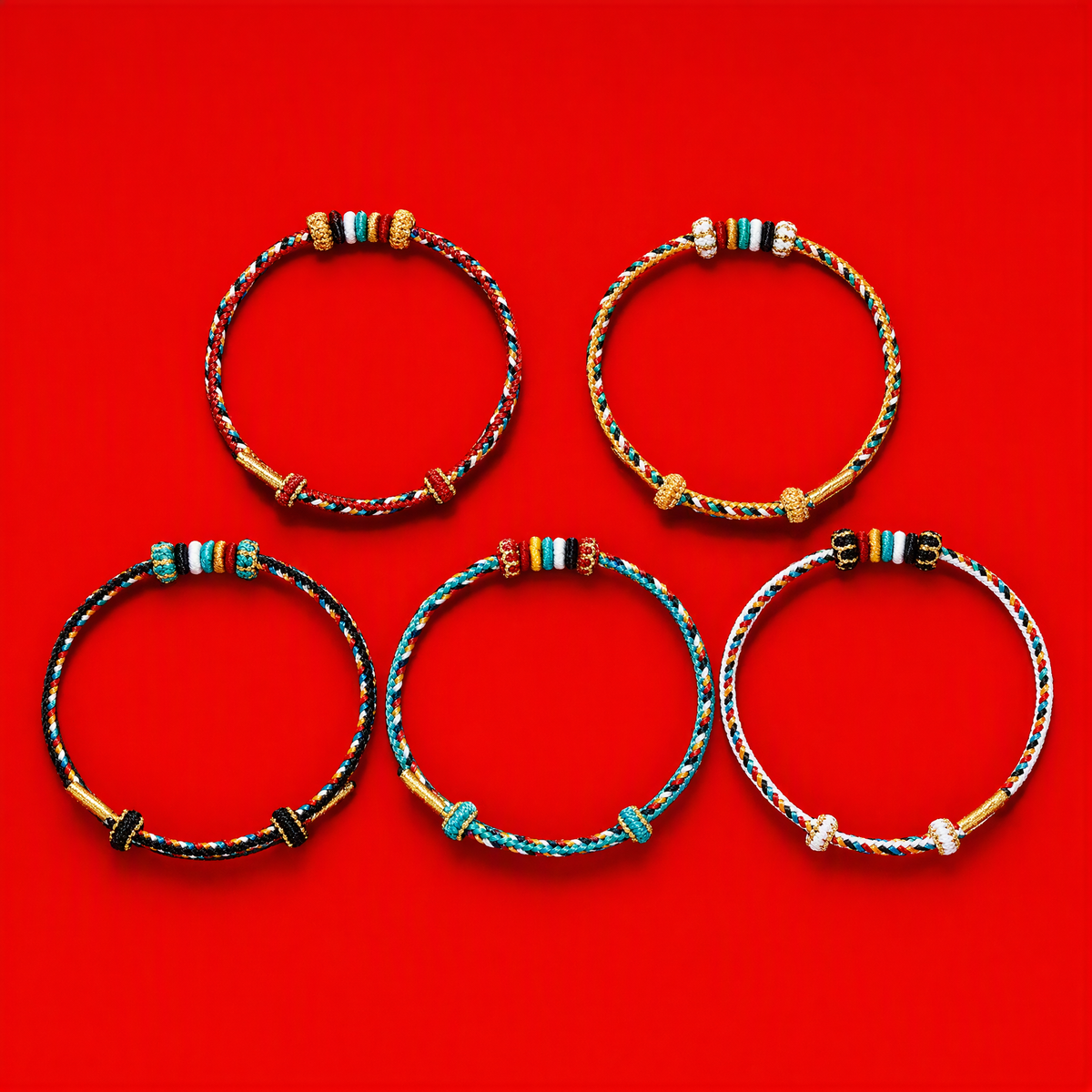 Five Elements Woven Red String Bracelet – Adjustable Chinese-Inspired Good Luck Bracelet