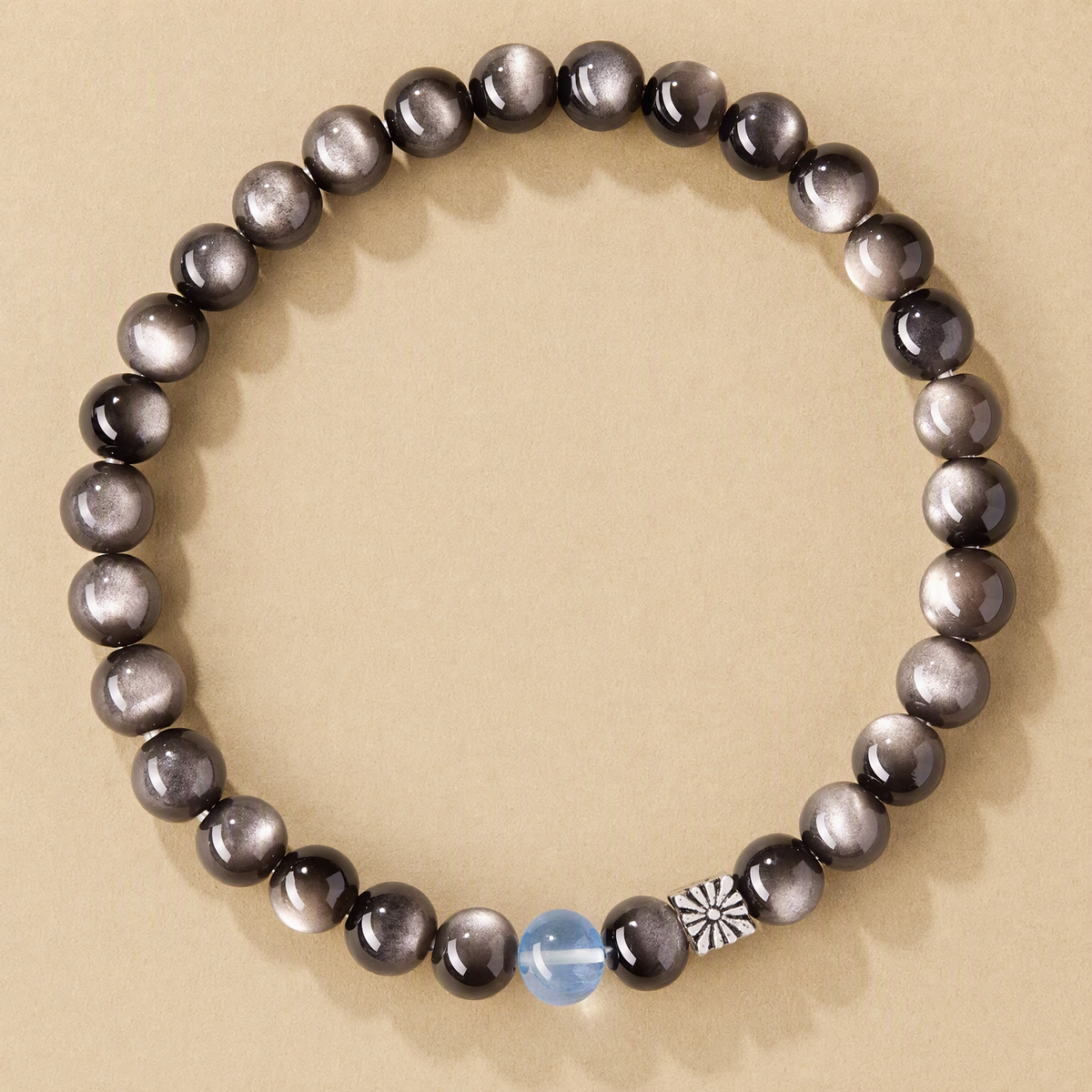 Silver Sheen Obsidian & Aquamarine Bracelet with S925 Sterling Silver Beads