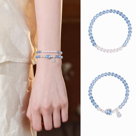 Natural Aquamarine & Freshwater Pearl Bracelet – 925 Sterling Silver Lucky Gourd Charm