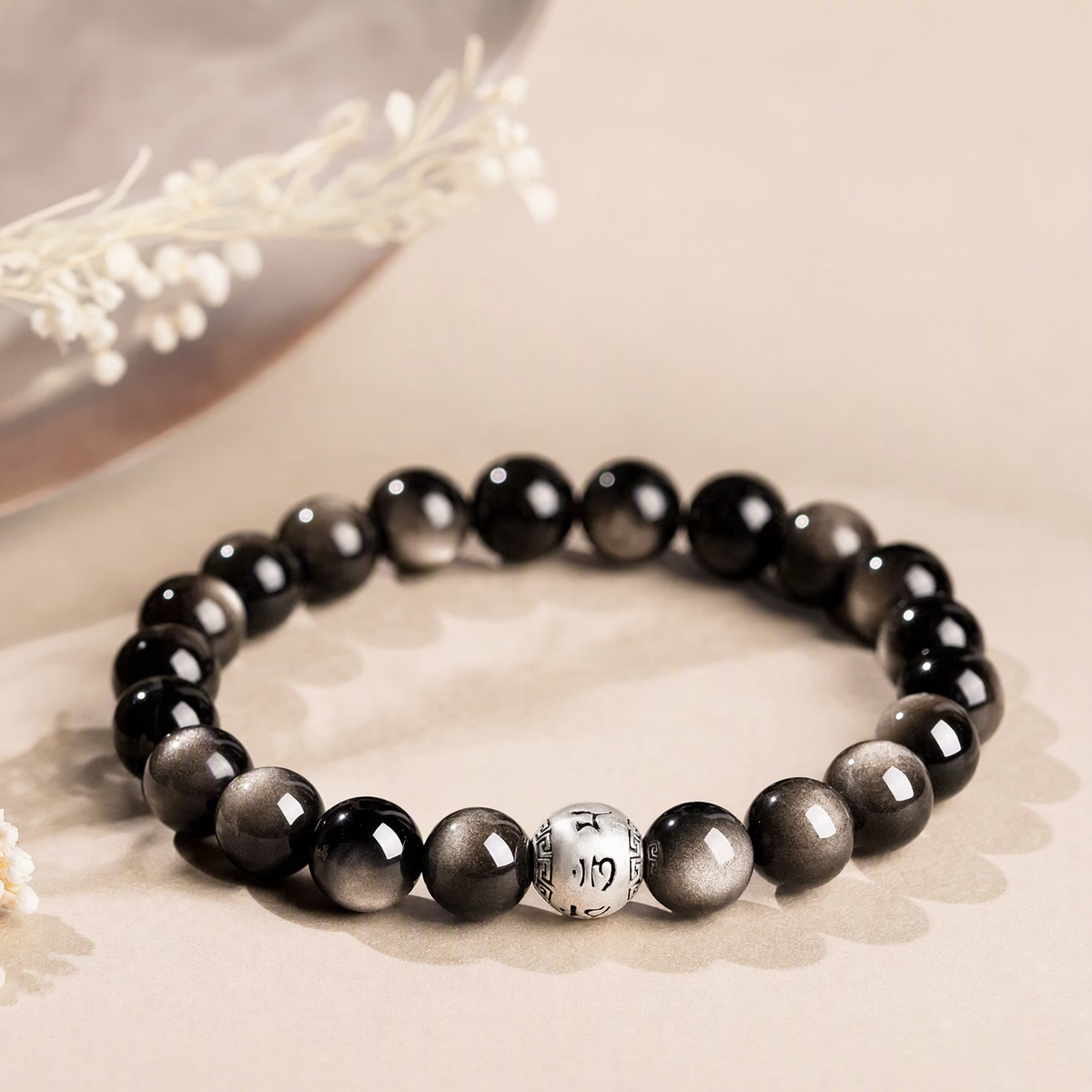 Silver Sheen Obsidian Six-Syllable Mantra Bracelet – Unisex