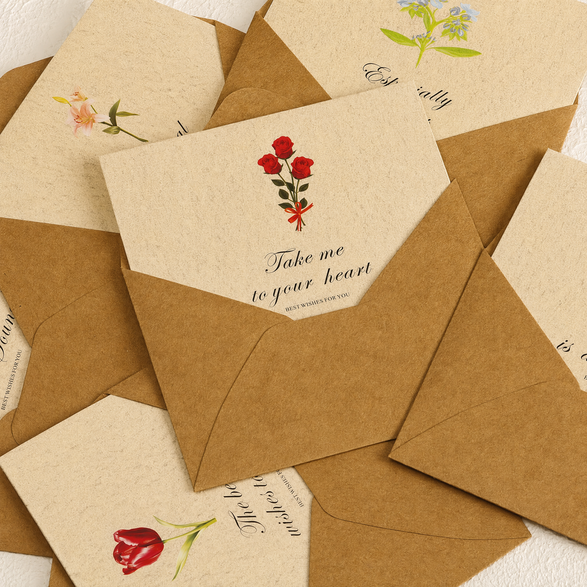 Vintage Greeting Cards with Kraft Envelopes & Gold Foil Seals – 6 Designs
