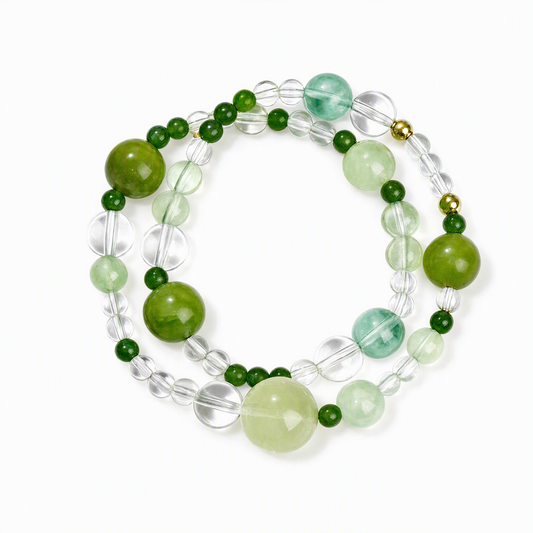 Clear Quartz & Green Jade-Style Double-Wrap Bracelet – Chinese-Inspired Design