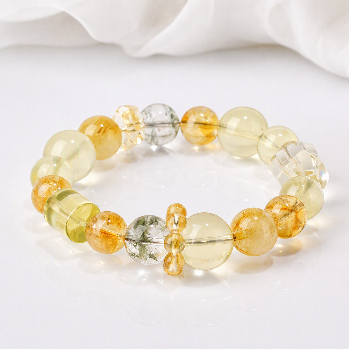 Natural Green Phantom Quartz & Citrine Bracelet with Golden Rutilated Quartz – Mixed Gemstone Jewelry