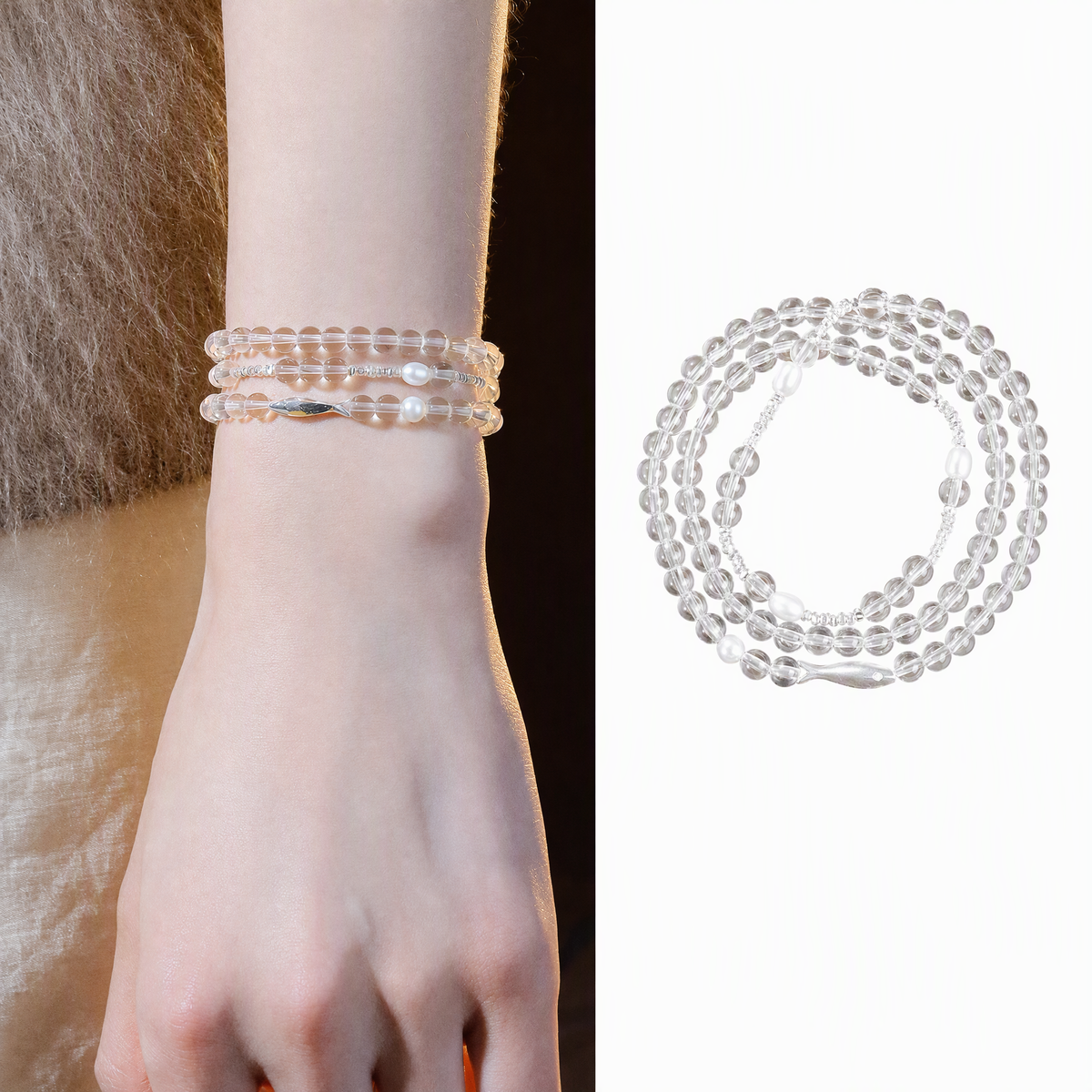 Natural Clear Quartz & Freshwater Pearl Bracelet with S925 Sterling Silver Fish Charm