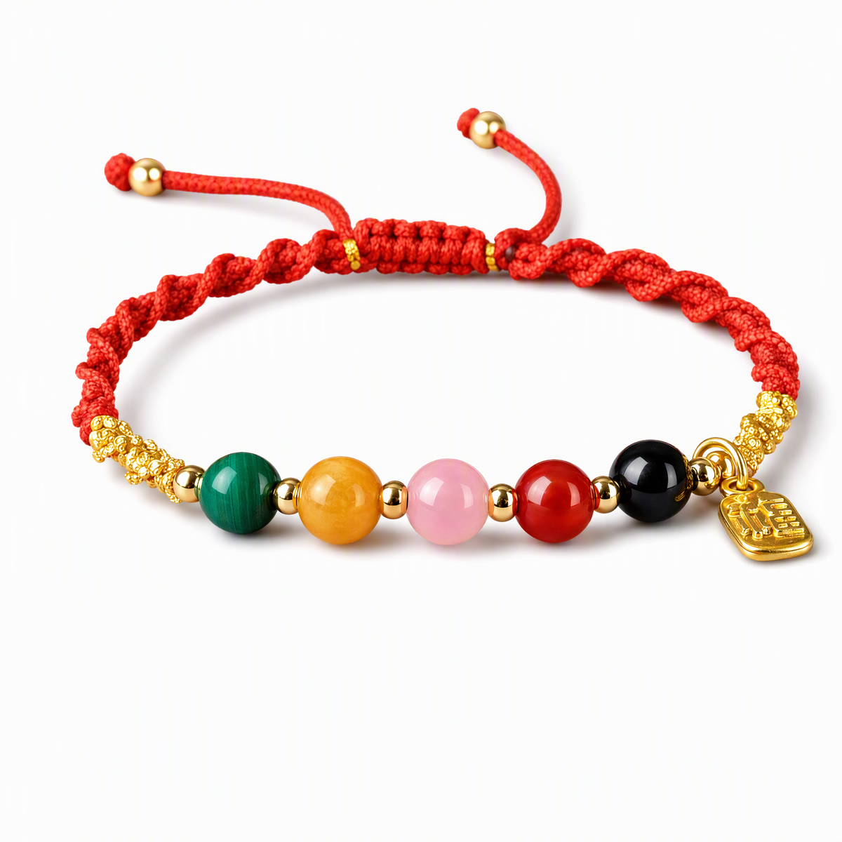 Red String Bracelet with Natural Gemstones & Gold Fu Charm – Adjustable Good Luck Jewelry