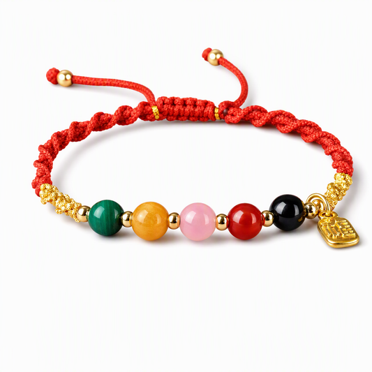 Red String Bracelet with Natural Gemstones & Gold Fu Charm – Adjustable Good Luck Jewelry