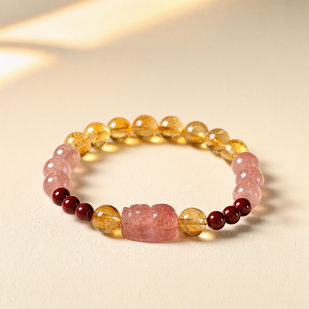 Natural Citrine & Strawberry Quartz Bracelet for Women with Pixiu Charm