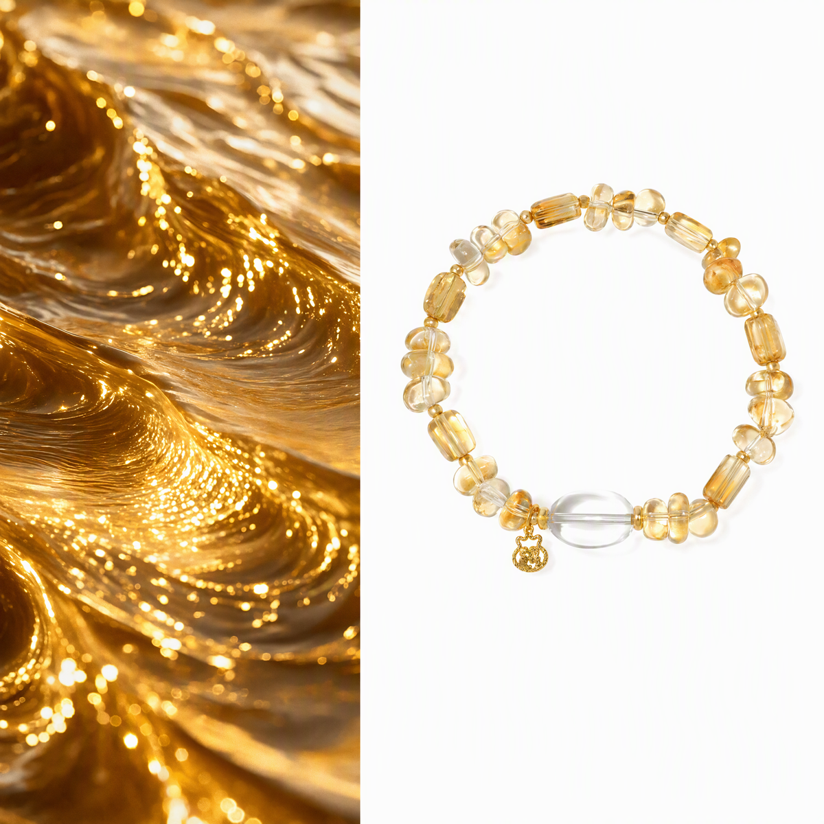 Natural Citrine & White Crystal Bracelet for Abundance & Wealth, Clear Quartz Beaded Bracelet with S925 Gold-Plated Silver