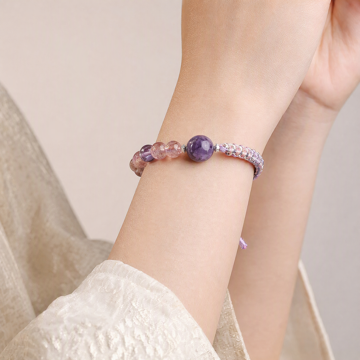 Natural Strawberry Quartz, Charoite & Amethyst Woven Bracelet – Adjustable Gemstone Jewelry
