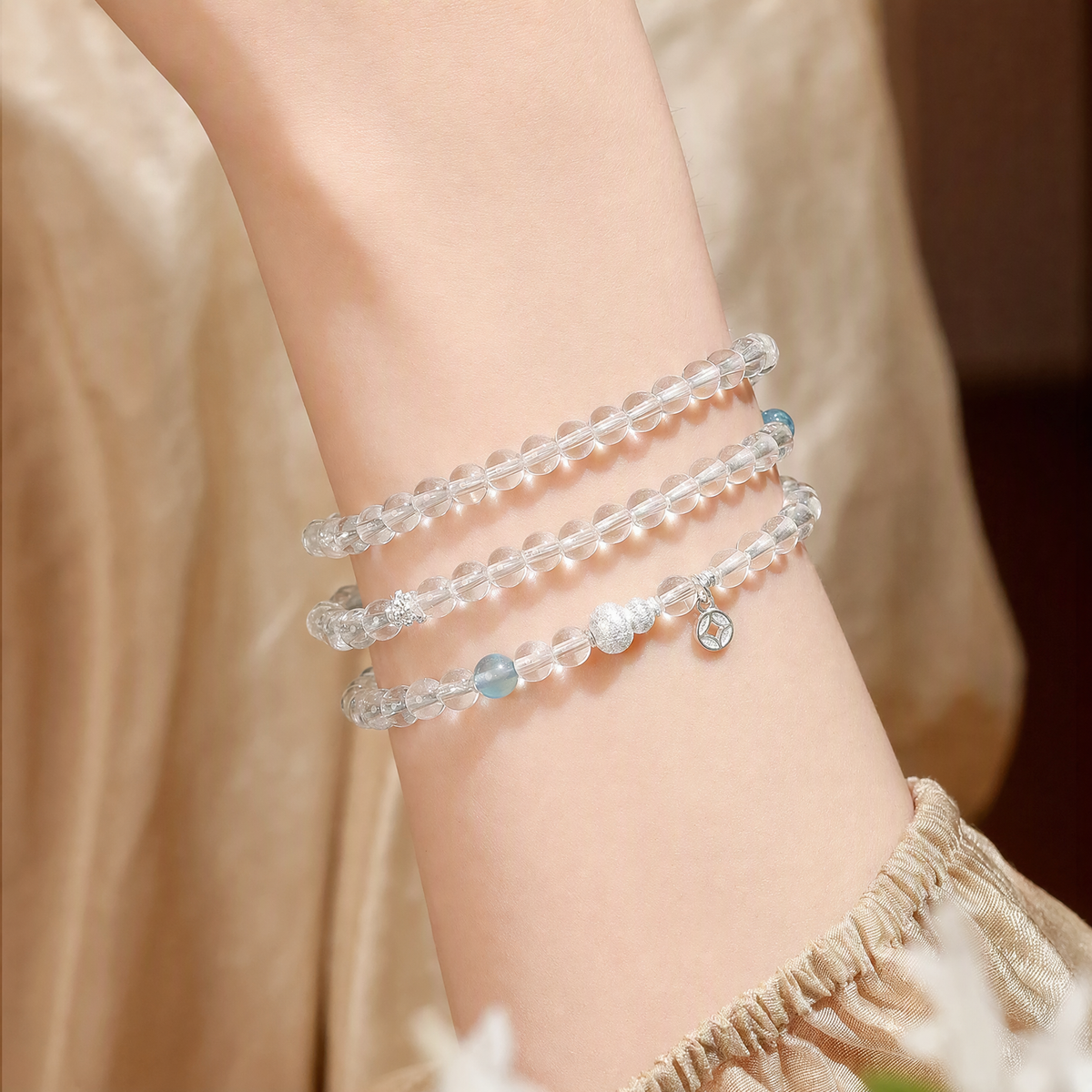 Natural Clear Quartz & Aquamarine Multi-Wrap Bracelet – Adjustable Crystal Jewelry