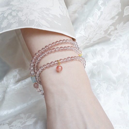 Natural Strawberry Quartz & Multigemstone Necklace Bracelet – Chinese-Inspired Jewelry