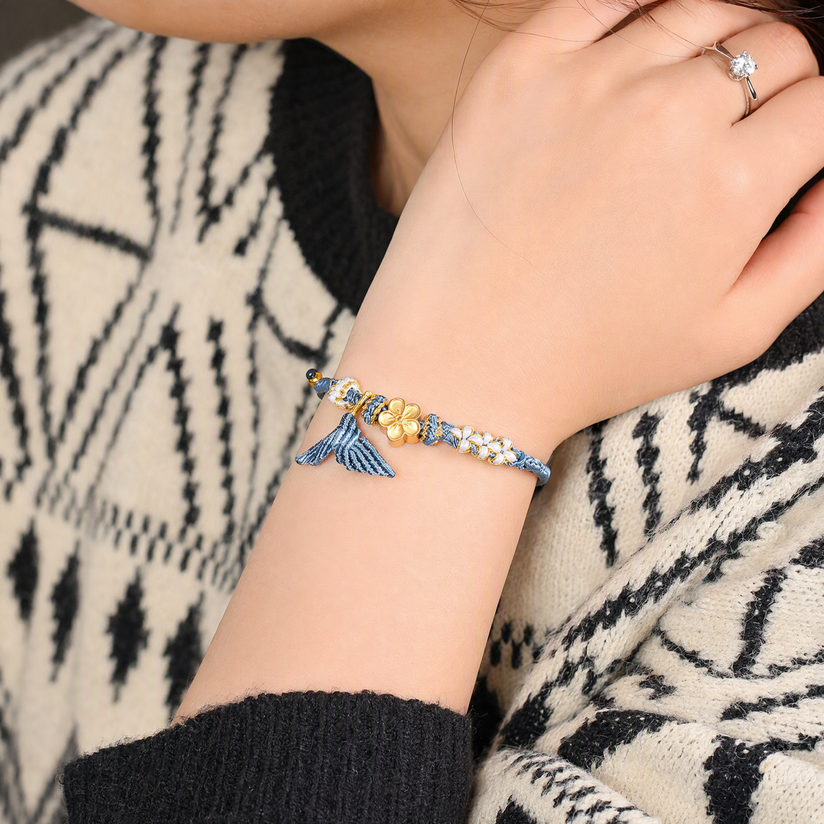 Handwoven Fish Tail Charm Bracelet with 14K Gold-Plated Peach Blossom Bead