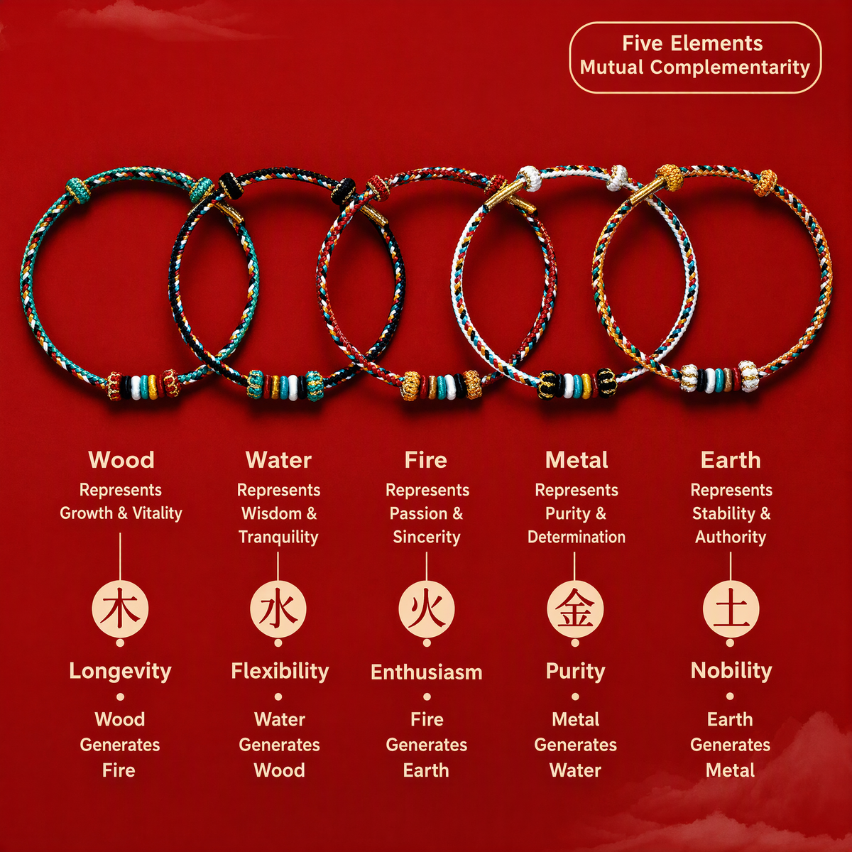 Five Elements Woven Red String Bracelet – Adjustable Chinese-Inspired Good Luck Bracelet