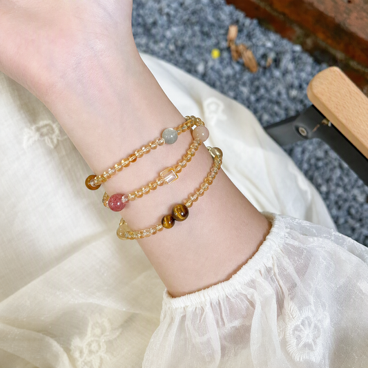 Natural Citrine 3-Wrap Crystal Bracelet with Tiger's Eye & Golden Rutilated Quartz