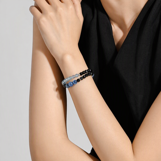 Aquamarine & Black Obsidian Double Wrap Bracelet with Blue Kyanite – Natural Crystal Gemstone Jewelry
