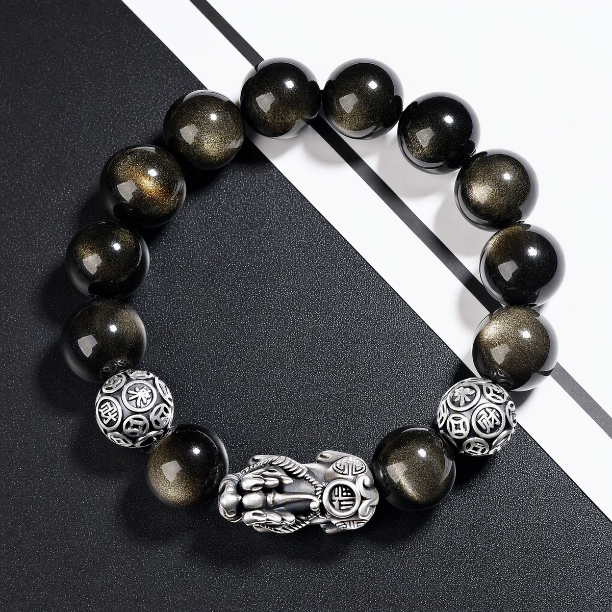 S925 Silver Pixiu & Black Obsidian Bracelet – Vintage 3D Design