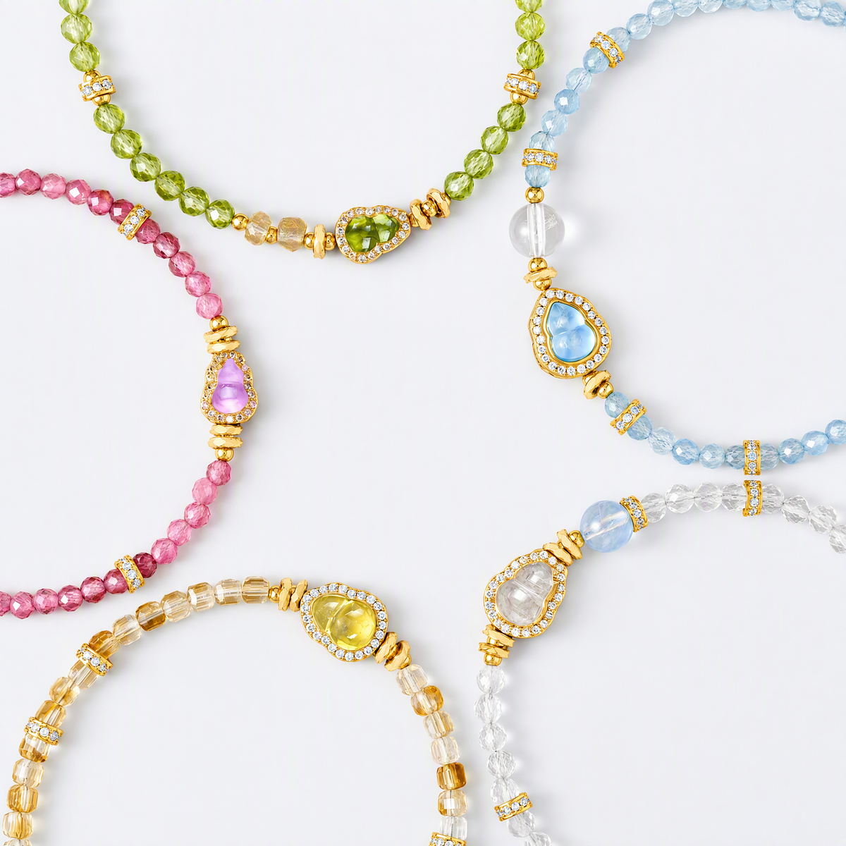 Faceted Gemstone Bracelet with Crystal-Embellished Gourd Charm – 5 Color Options