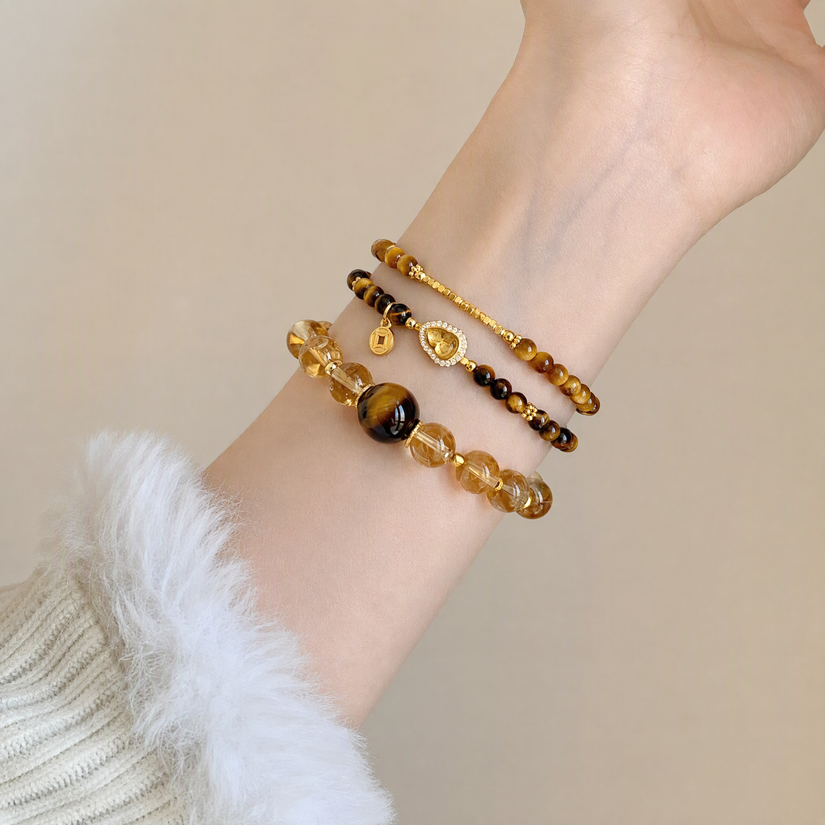 Tiger’s Eye & Black Obsidian Multi-Layer Bracelet with Gourd Charm