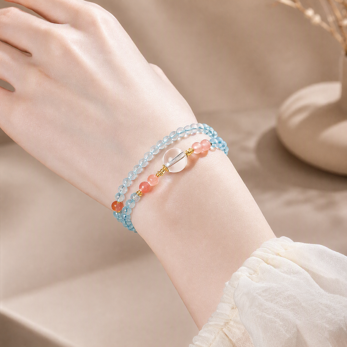Aquamarine, Clear Quartz & South Red Agate Bracelet – Chinese-Inspired Design