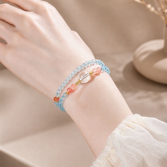Aquamarine, Clear Quartz & South Red Agate Bracelet – Chinese-Inspired Design