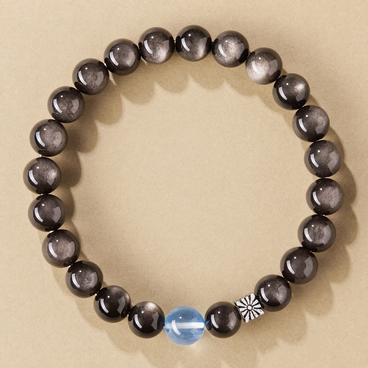 Silver Sheen Obsidian & Aquamarine Bracelet with S925 Sterling Silver Beads