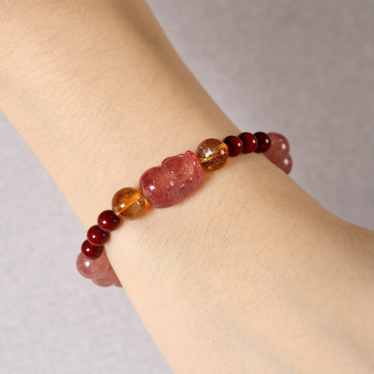 Natural Citrine & Strawberry Quartz Bracelet for Women with Pixiu Charm