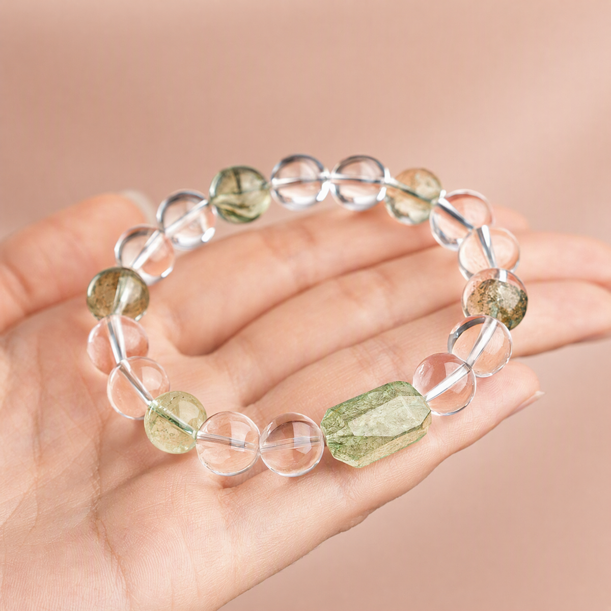 Natural Clear Quartz & Green Rutilated Quartz Bracelet with Green Phantom Crystals