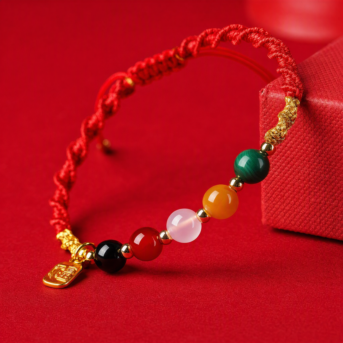 Red String Bracelet with Natural Gemstones & Gold Fu Charm – Adjustable Good Luck Jewelry