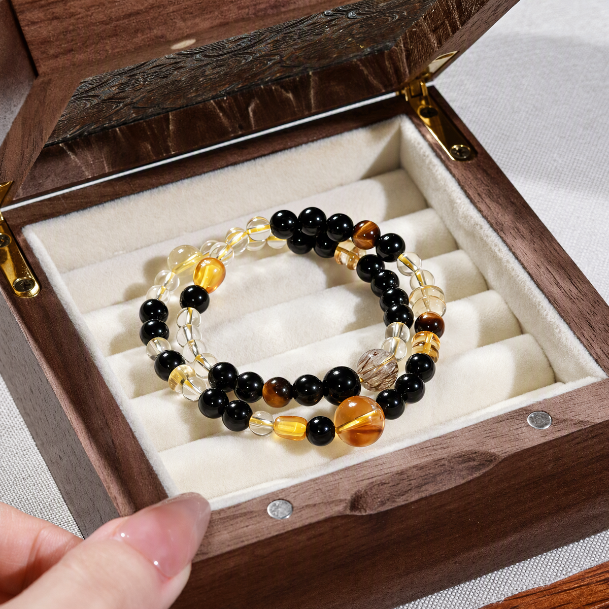 Citrine & Black Obsidian Multi-Layer Bracelet – Mixed Gemstone Design