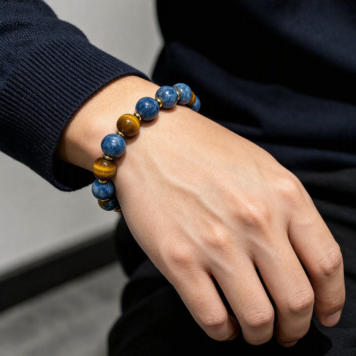 Blue Kyanite & Tiger’s Eye Couple Bracelet Set – 12mm & 14mm Beads
