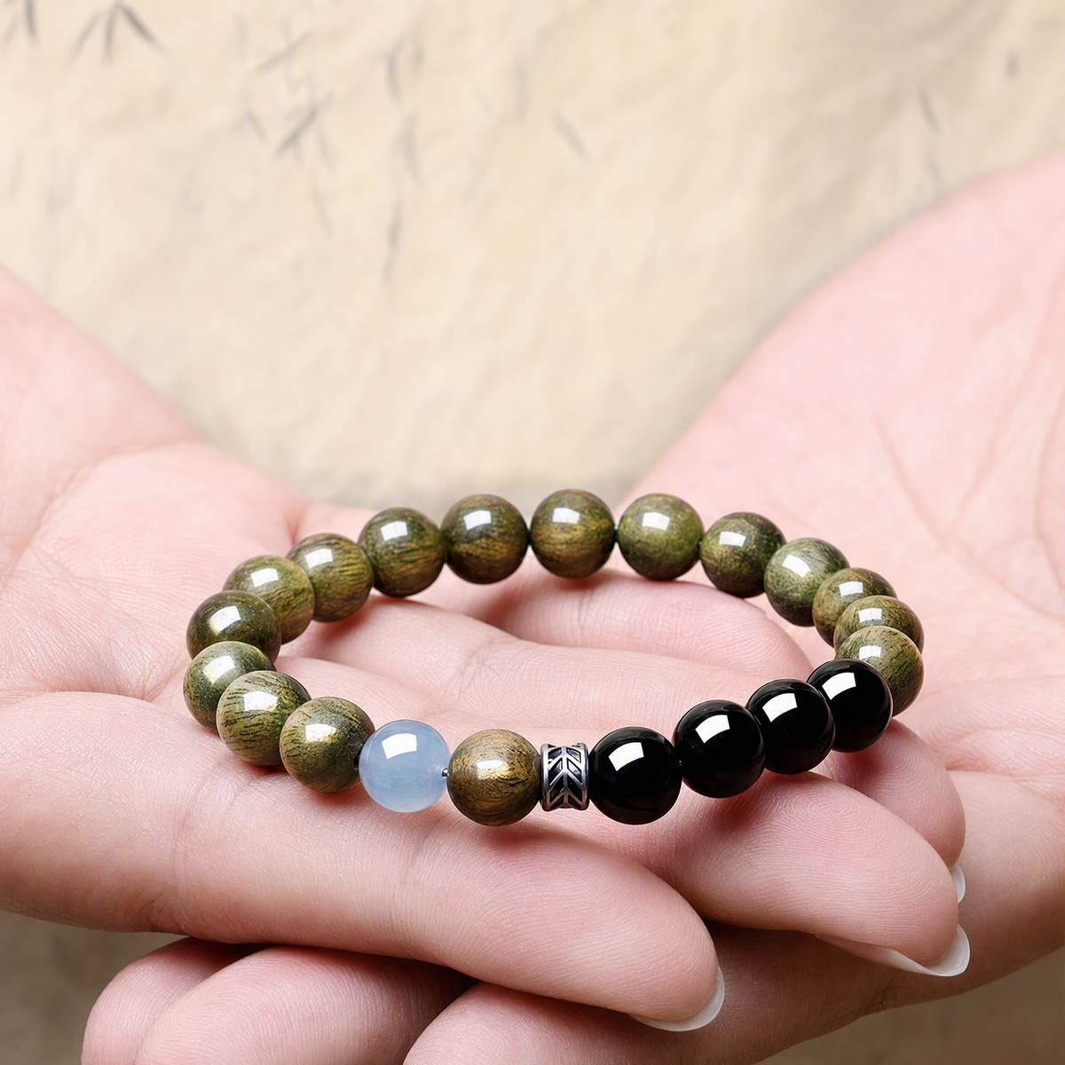 Green Sandalwood & Obsidian Bracelet with Aquamarine – Unisex Gift