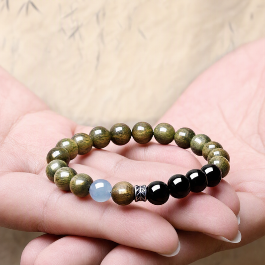 Green Sandalwood & Obsidian Bracelet with Aquamarine – Unisex Gift