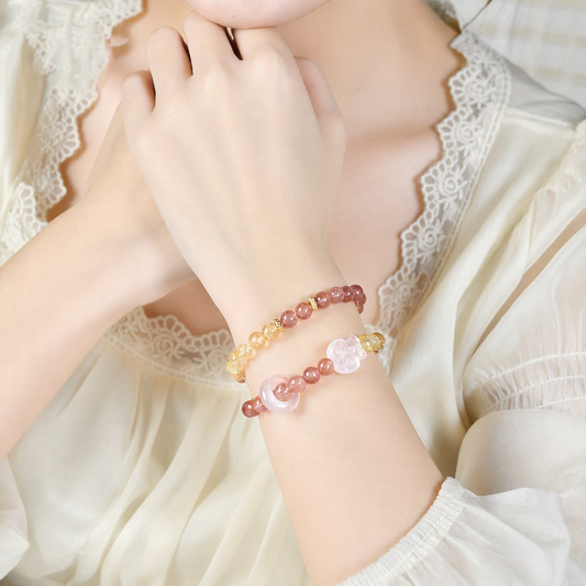 Strawberry Quartz & Citrine Bracelet with White Crystal Fox Charm