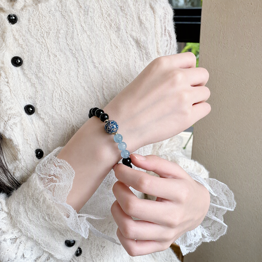 Black Obsidian & Aquamarine Bracelet with Handcrafted Lacquer Beads – 8mm