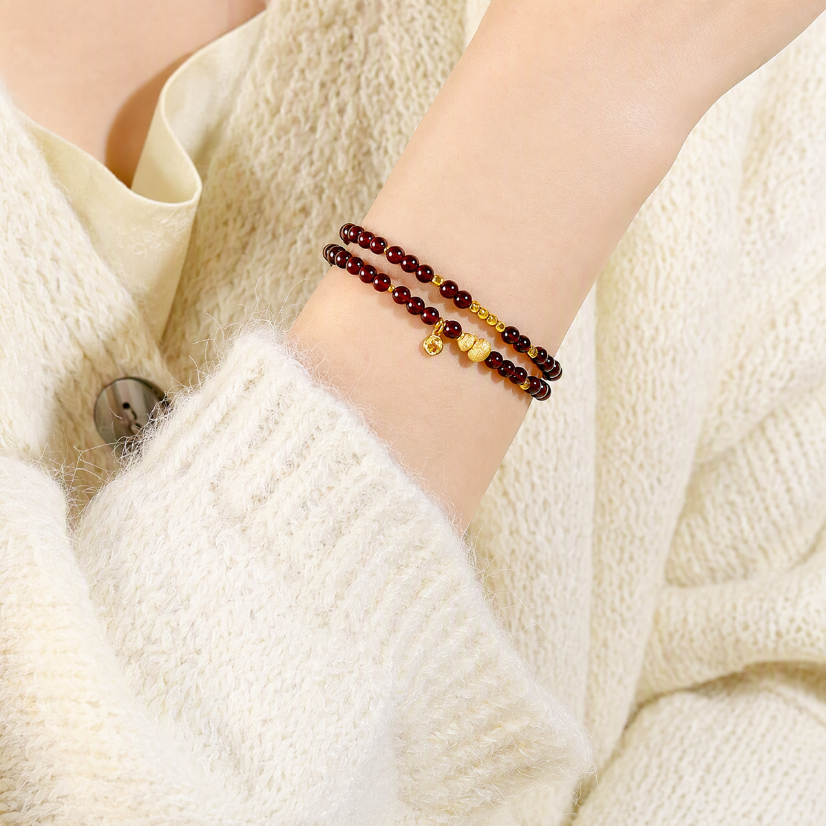 Natural Garnet Multi-Wrap Bracelet with Gold-Tone Gourd & Coin Charms