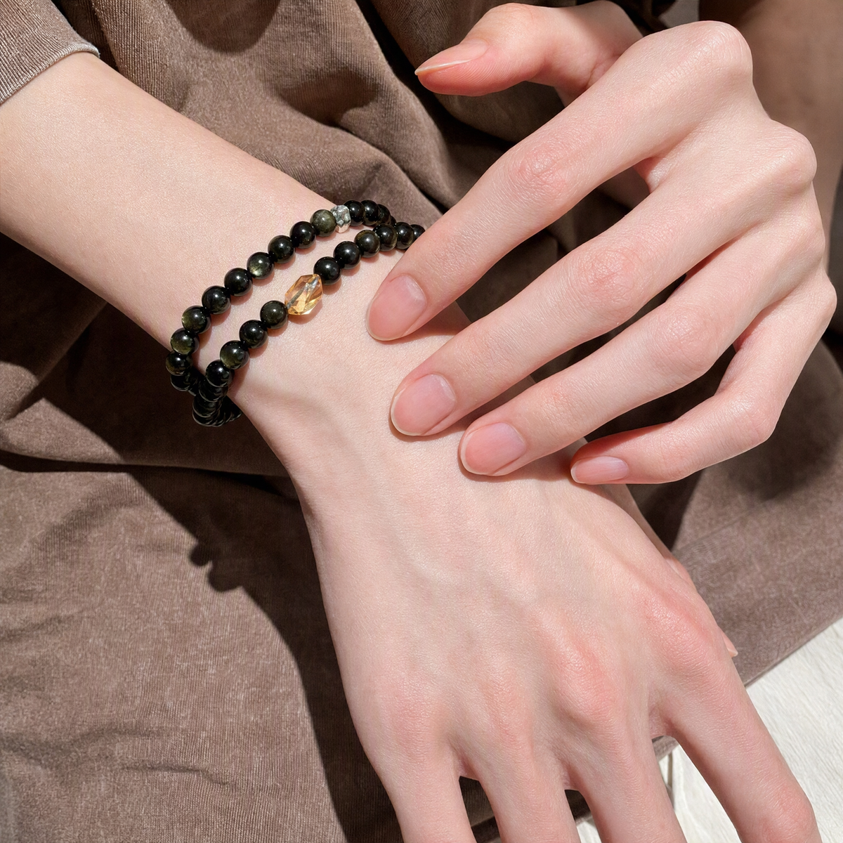 Gold Sheen Obsidian & Citrine Beaded Bracelet – Double or Triple Wrap