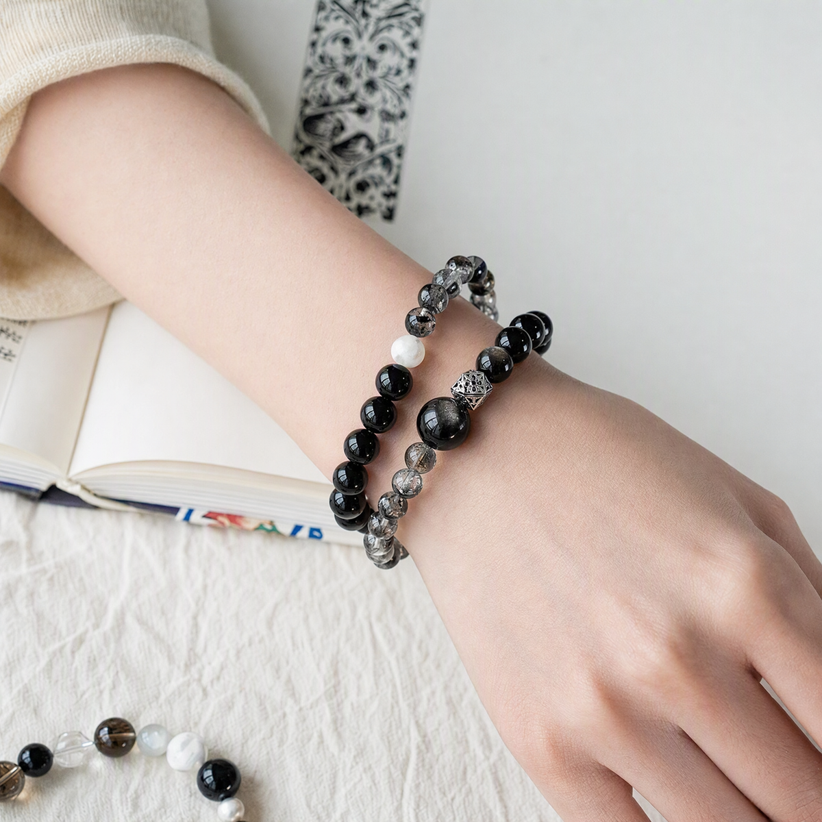 Silver Sheen Obsidian & Phantom Quartz Bracelet – 10.5mm Beads