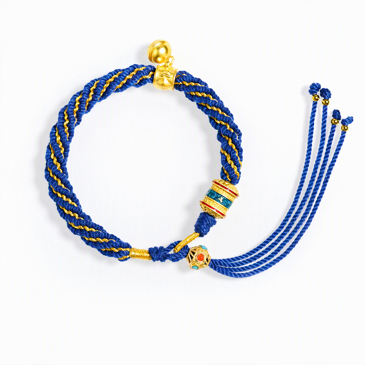 Tibetan-Inspired Woven Mantra Bracelet with Bell & Six-Syllable Mantra Wheel