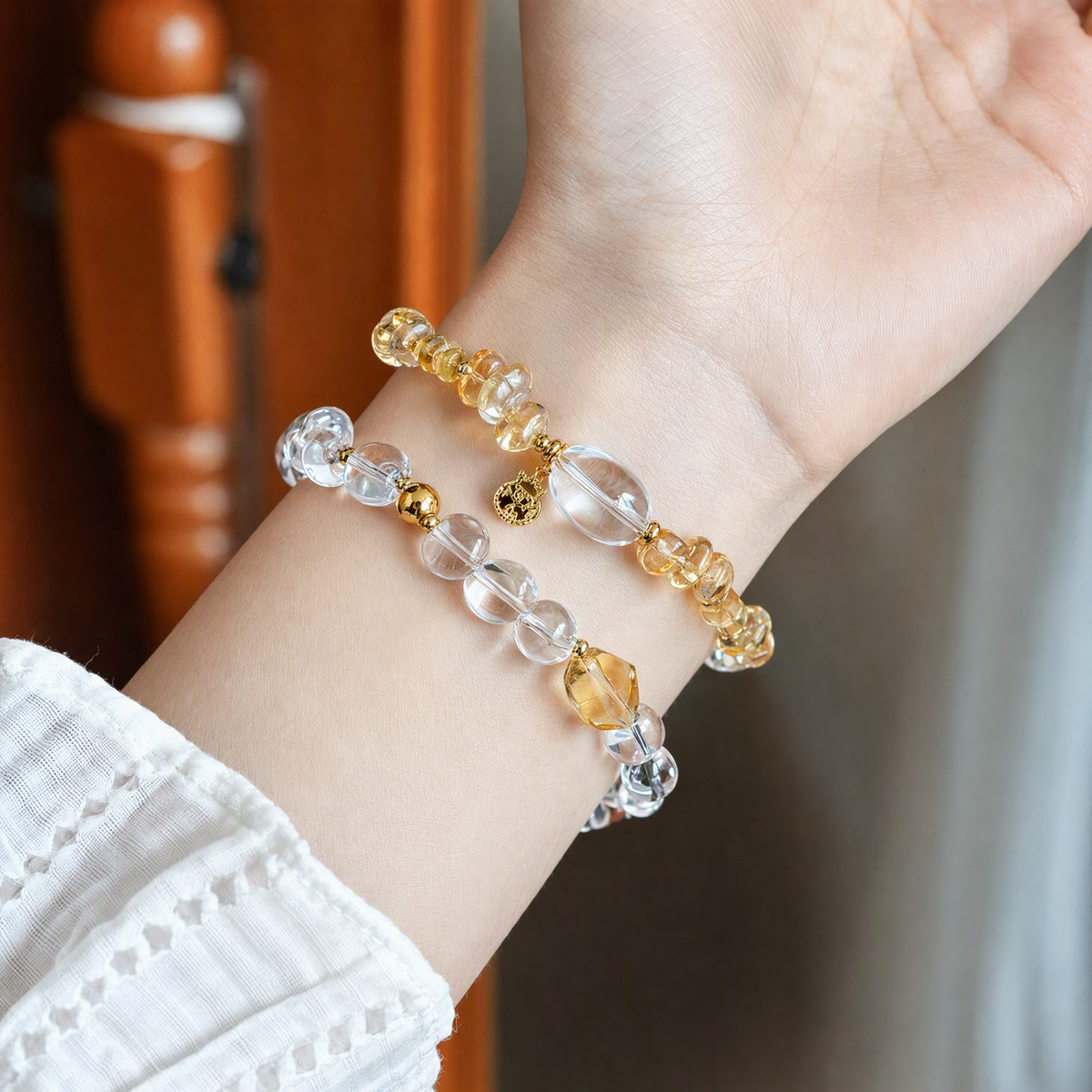 Natural Citrine & White Crystal Bracelet for Abundance & Wealth, Clear Quartz Beaded Bracelet with S925 Gold-Plated Silver