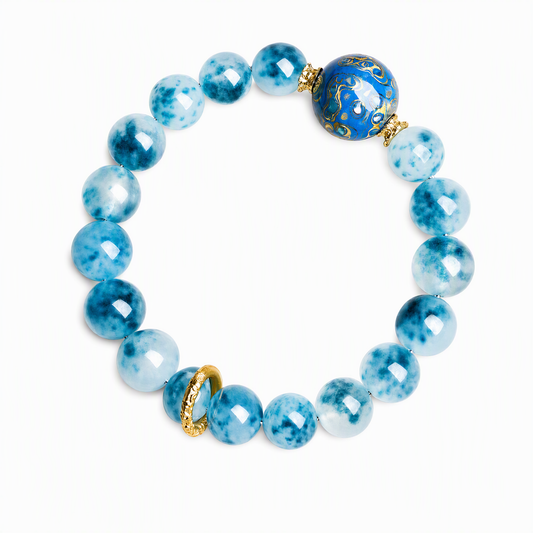 Blue Chalcedony & Artisan Lacquer Bead Bracelet – Handmade Gift