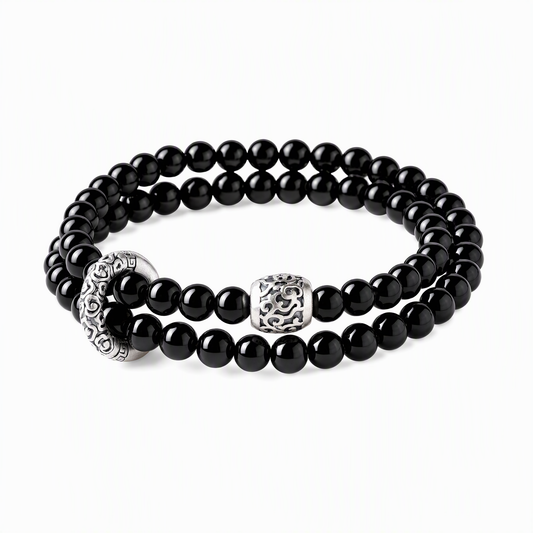 Double-Layer Black Obsidian Bracelet with Silver Charm – Cloud or Pixiu