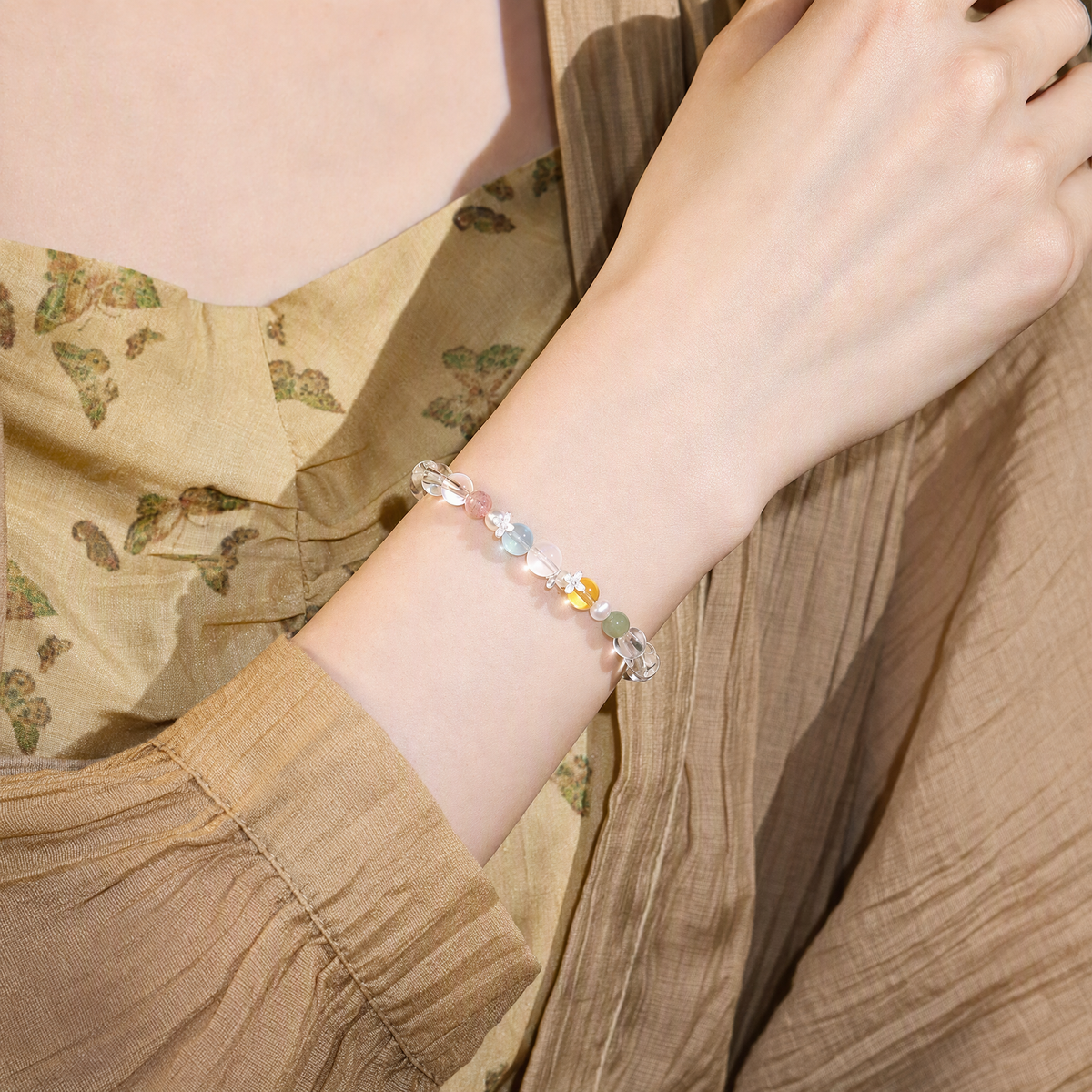 Natural Clear Quartz Rainbow Multigemstone Bracelet with Pearl & 925 Sterling Silver
