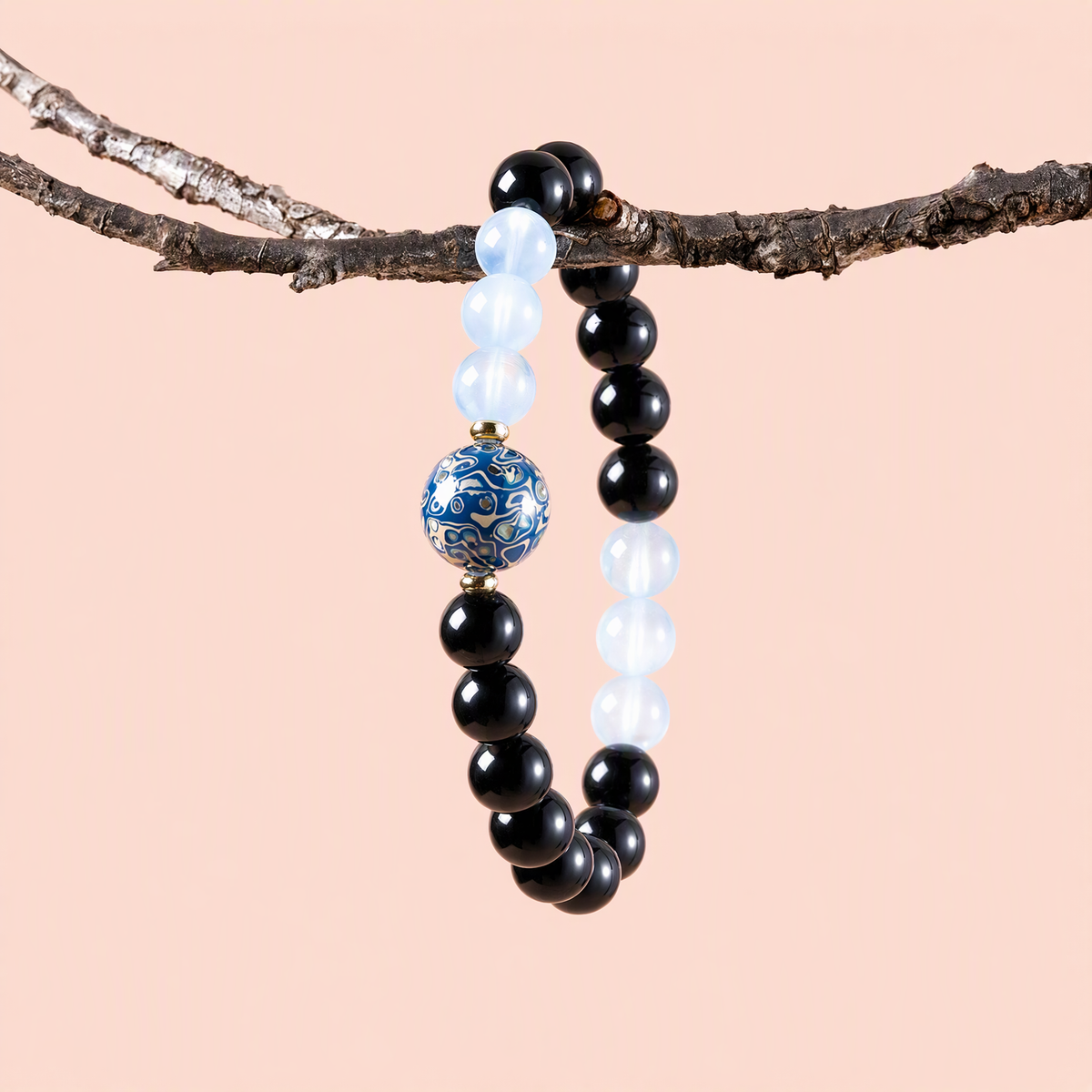 Black Obsidian & Aquamarine Bracelet with Handcrafted Lacquer Beads – 8mm