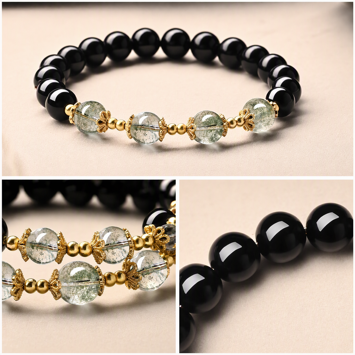 Natural Black Obsidian & Green Phantom Quartz Bracelet – Meaningful Gemstone Jewelry