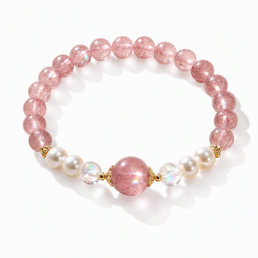 Pearl & Strawberry Quartz Bracelet – Natural Crystal Jewelry Gift for Her