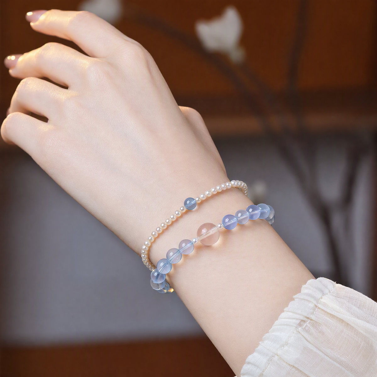 Natural Aquamarine Crystal Bracelet with Pearls & Clear Quartz – Layered Jewelry for Women
