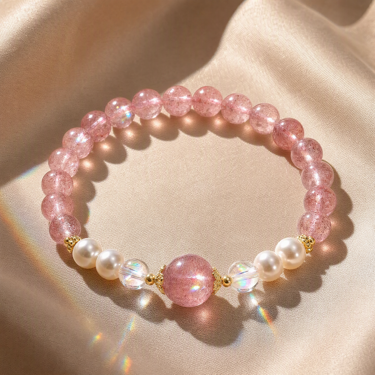 Pearl & Strawberry Quartz Bracelet – Natural Crystal Jewelry Gift for Her