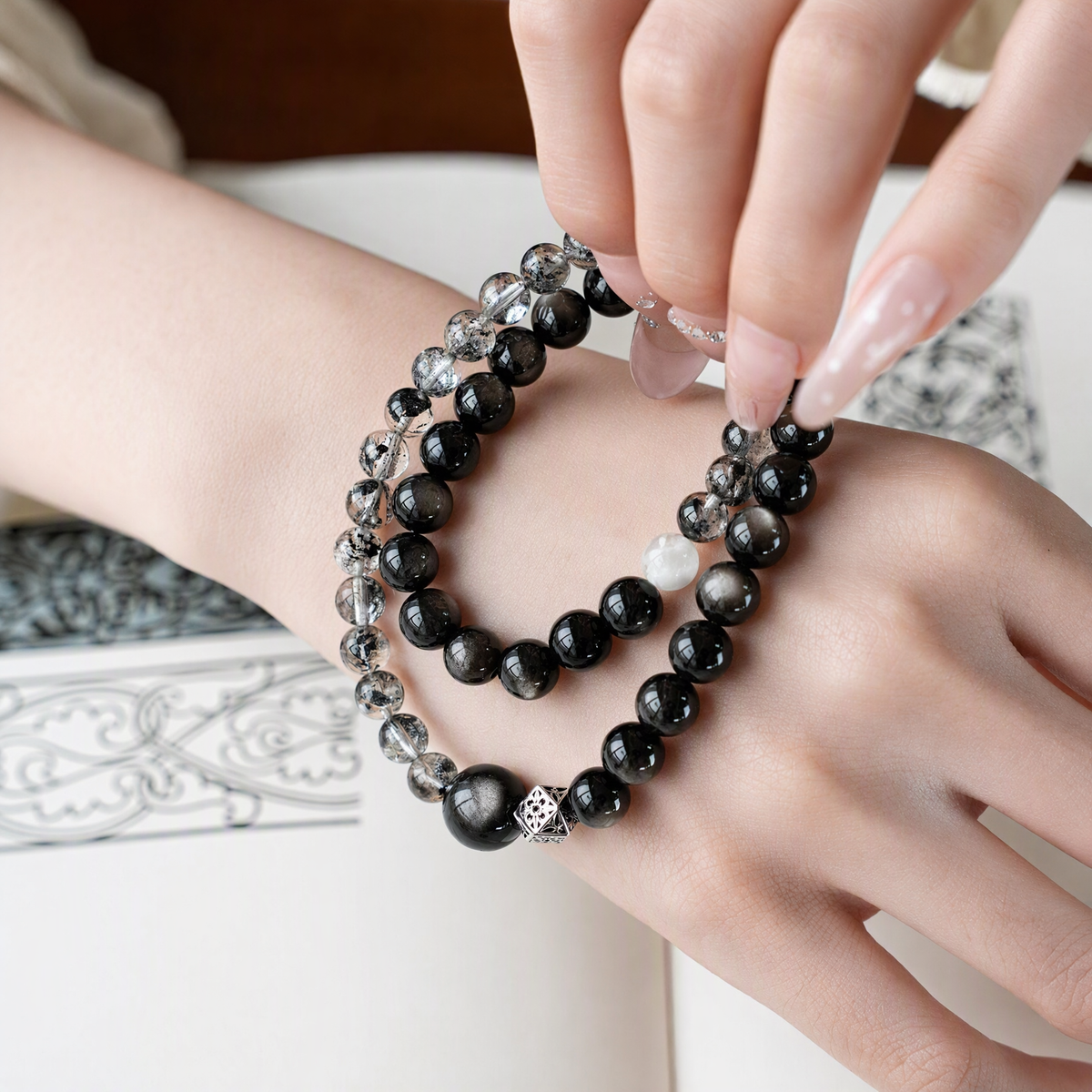 Silver Sheen Obsidian & Phantom Quartz Bracelet – 10.5mm Beads